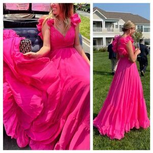 NWT Mac Duggal 67911 Neon Pink Ruffle Chiffon Cutout Maxi Dress 0